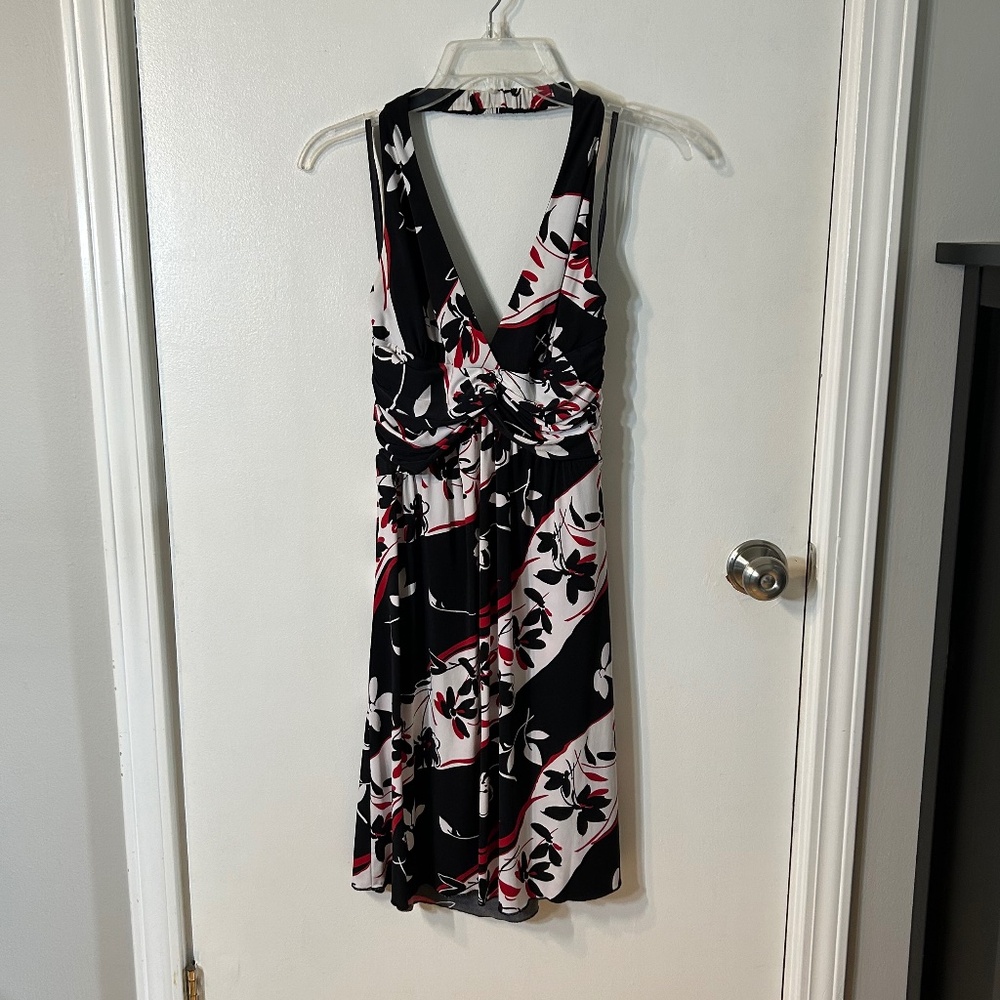 Red Black and White print halter dress